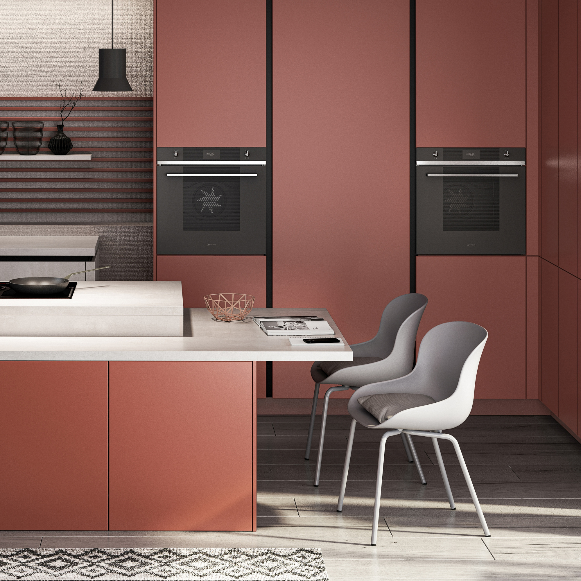 Artego Küche grifflos Oxidrot Korpusbreite Kühlschranknische