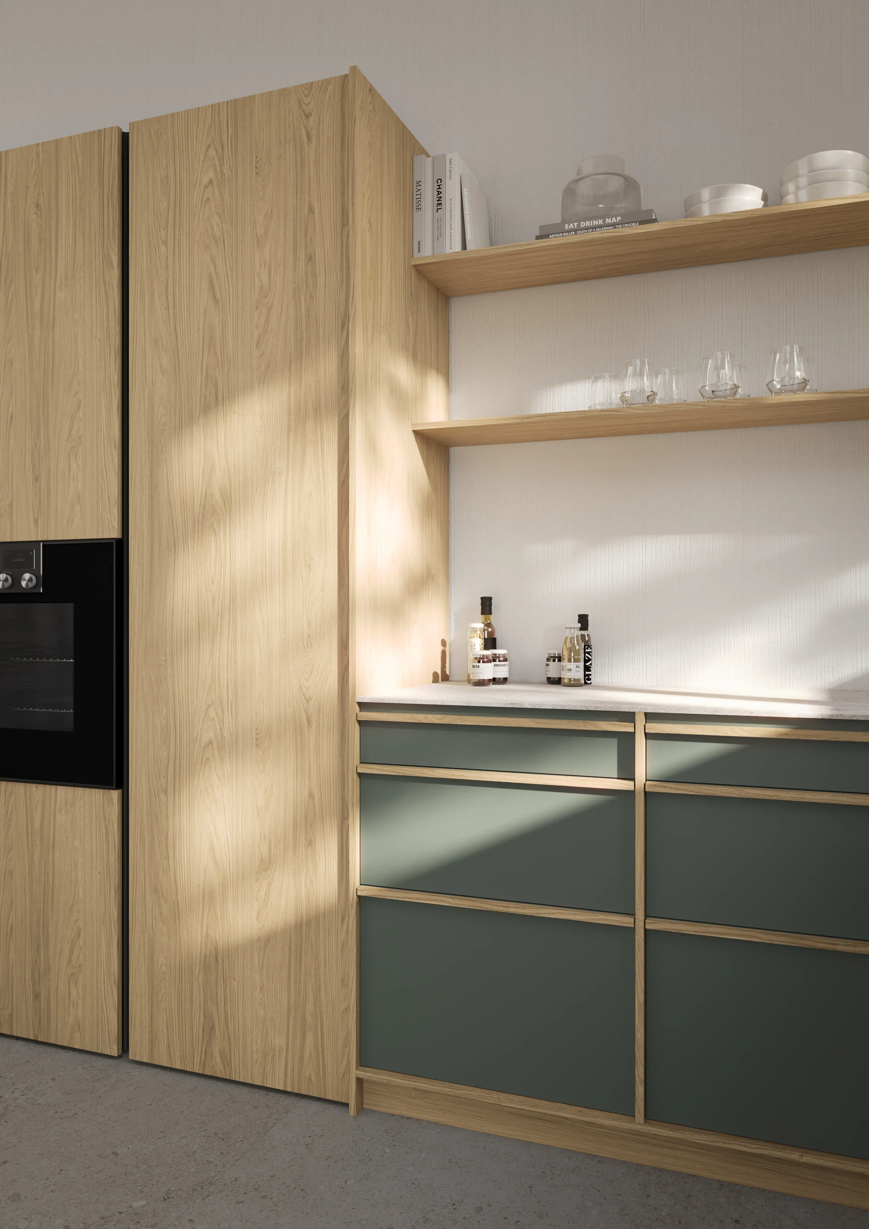 Moderne Küche mit Holzschränken, grünen Schubladen und offenen Regalen mit Geschirr.